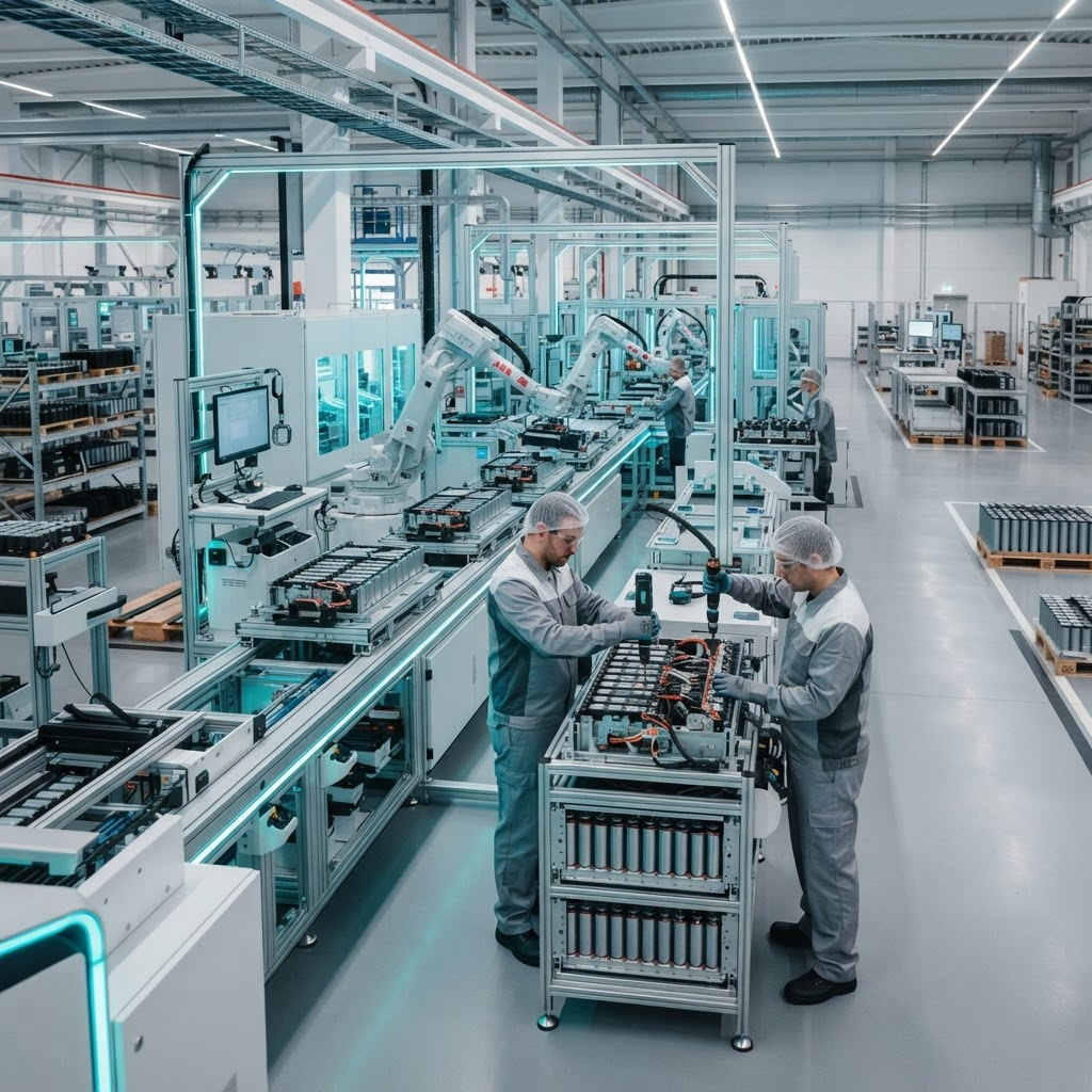 Maker Universe smart-manufacturing factory floor assembling battery energy storage modules